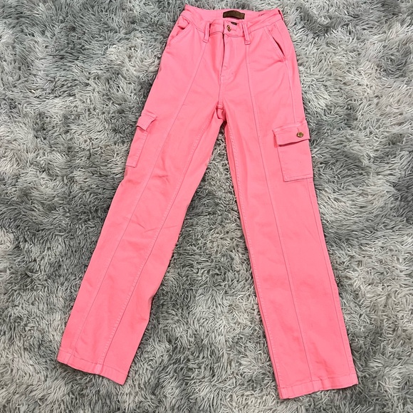 Judy Blue High Rise Pink Garment Dyed Cargo Straight Leg Jeans - Picture 4 of 4